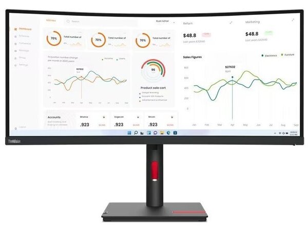 LENOVO Monitor ThinkVision T34w-30 34'' WQHD VA, Curved, Slim Bezel, RJ45, HDMI, USB-C, Display Port,  Height adjustable, 3YearsW