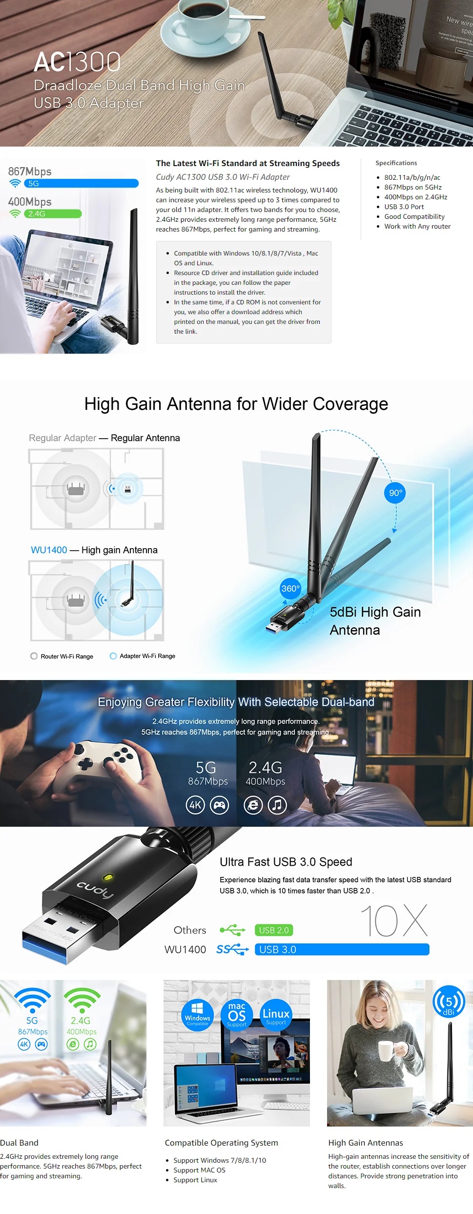 CUDY Wi-Fi High-Gain USB Adapter WU1400 AC1300 - Image 5
