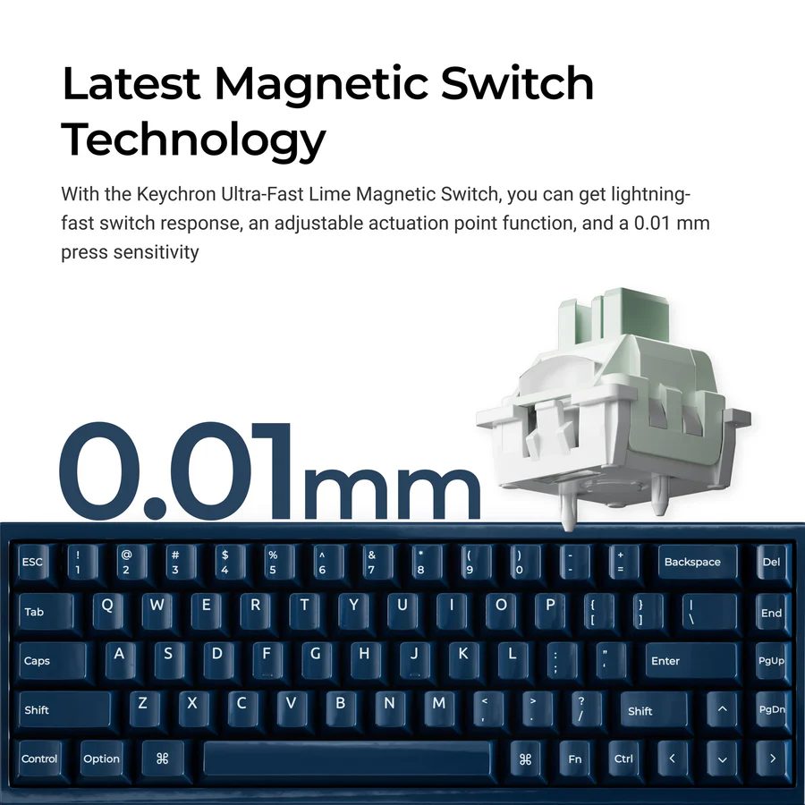 Alternative view of Keychron Q16 HE (Q16HW-J1) QMK Ceramic Custom Hall Effect Keyboard RGB Lime Switch 65% US Blue