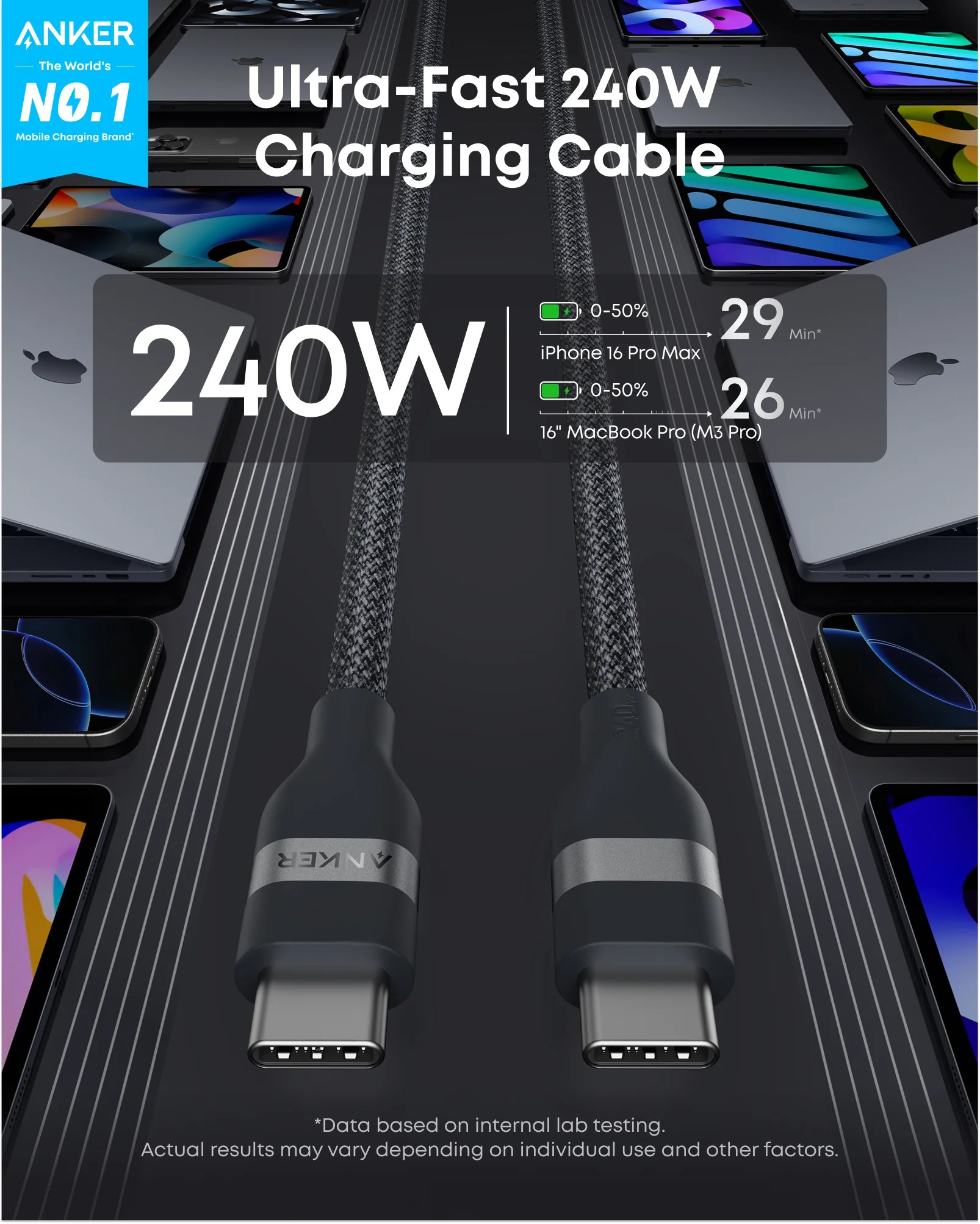 ANKER USB-C TO USB-C CABLE 240W BRAIDED 1.8 BLK - Image 2